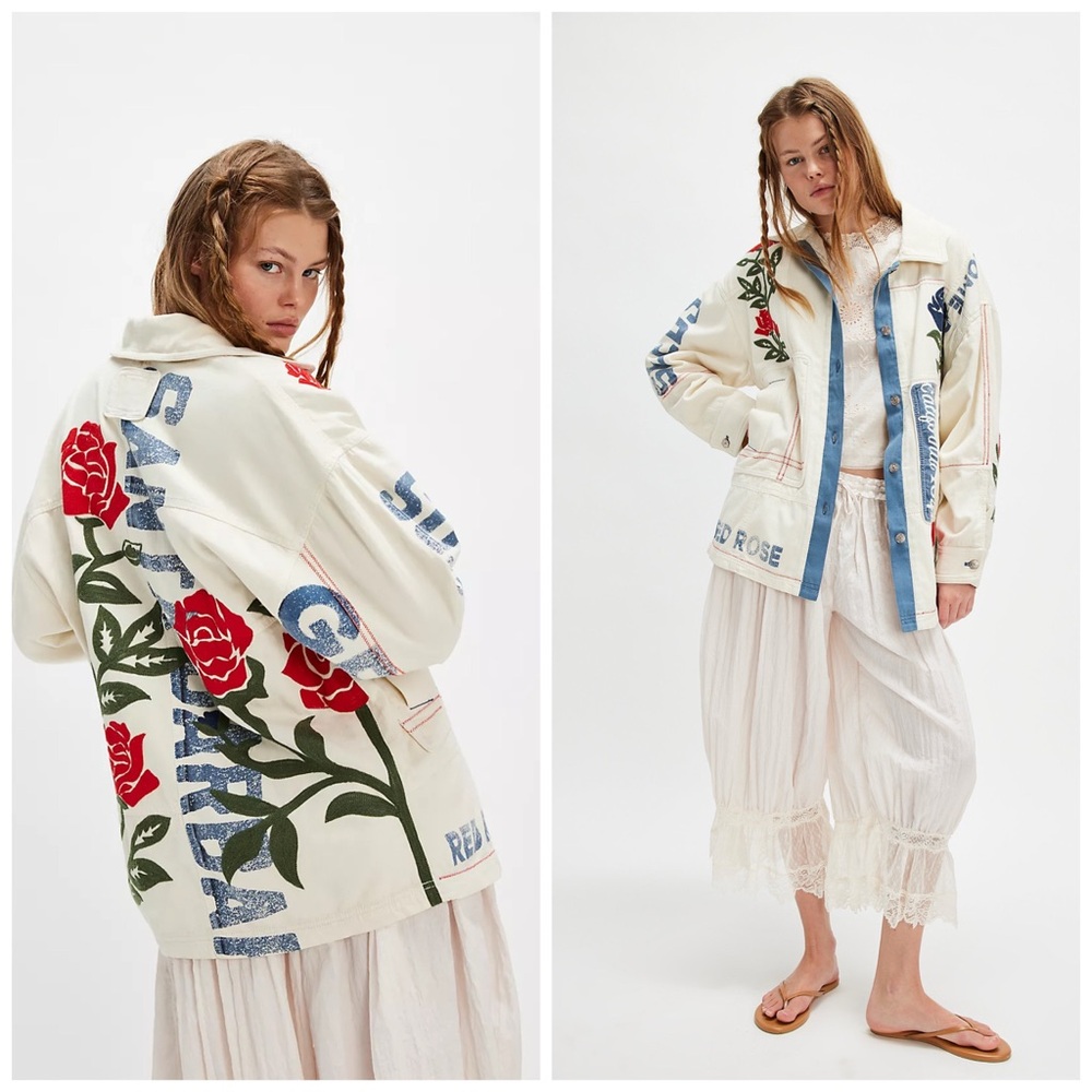Free People Field Of Roses‎ Jacket Shacket Embroidered Artsy Large